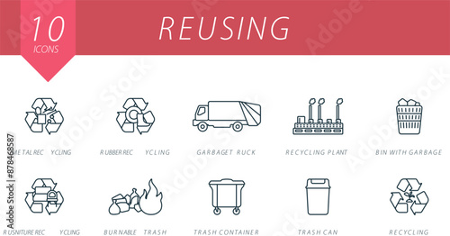 Reusing outline icons set. Creative icons: metal recycling, rubber recycling, garbage truck, recycling plant, bin with garbage, furniture recycling, burnable trash, trash container, trash can