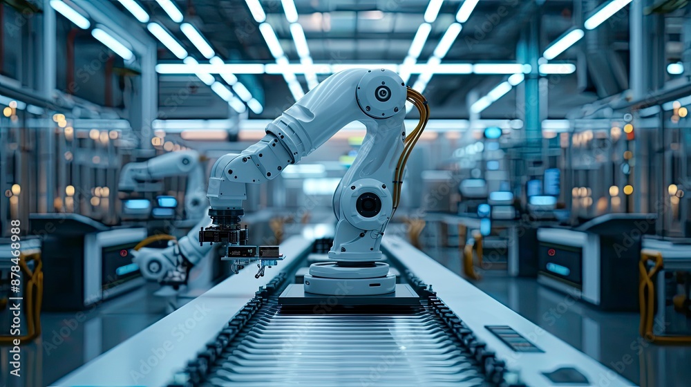 A modern robotics manufacturing facility with robotic arms assembling electronic components on a conveyor belt, showcasing precision and efficiency. A modern robotics manufacturing facility with robotic arms assembling electronic components on a conveyor belt, showcasing precision and efficiency.