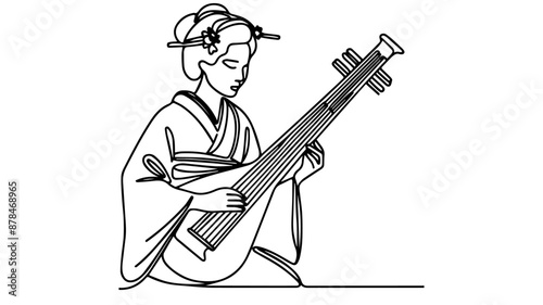 one line drawing of a japanese woman playing biwa 