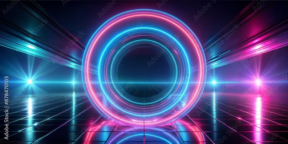 Obraz premium Abstract 3D Neon Light Render Circle Futuristic Ring Line Blue Translucent Wallpaper