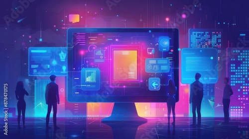 Interactive modules, individuals engaging with digital lessons, flat design illustration