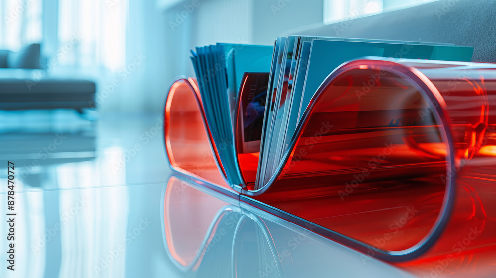 Modern red holder with books and magazines in a sleek room. Modern red holder with books and magazines in a sleek room.
