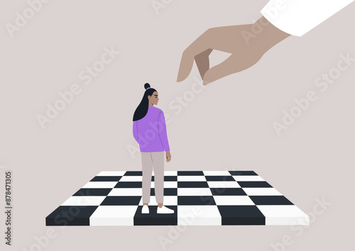 A character stands on a chessboard, facing a large hand that hovers above them, The fingers are outstretched, as if ready to make a move, leaving their fate uncertain