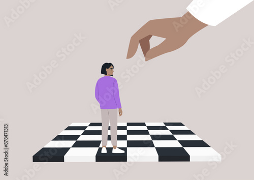 A character stands on a chessboard, facing a large hand that hovers above them, The fingers are outstretched, as if ready to make a move, leaving their fate uncertain