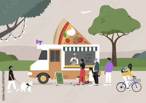 A food truck shaped like a pizza slice serves hungry parkgoers under a canopy of trees, A woman with a dog walks by, while others wait in line for a delicious snack