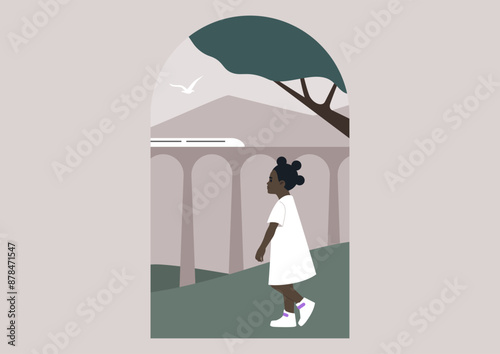A young girl walks down a path beneath a viaduct, a train passing overhead, A tree hangs over the scene, and a bird flies overhead