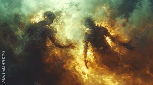 Two Figures Embracing in a Fiery Mist