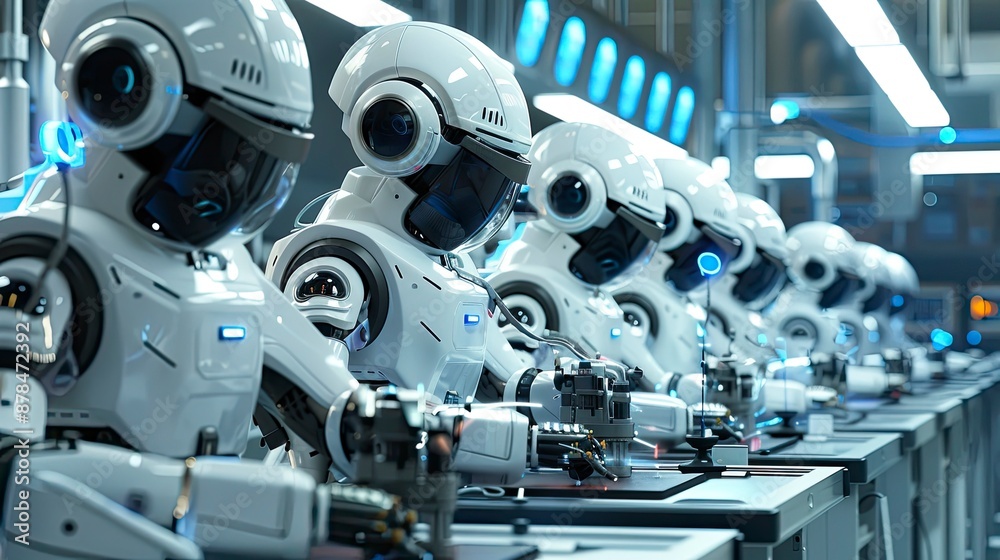 A high-tech lab with robots performing automated testing and quality control. A high-tech lab with robots performing automated testing and quality control.