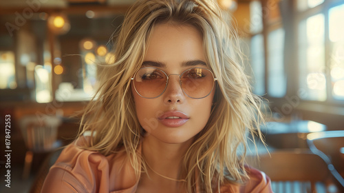 blonde with glasses in a cafe