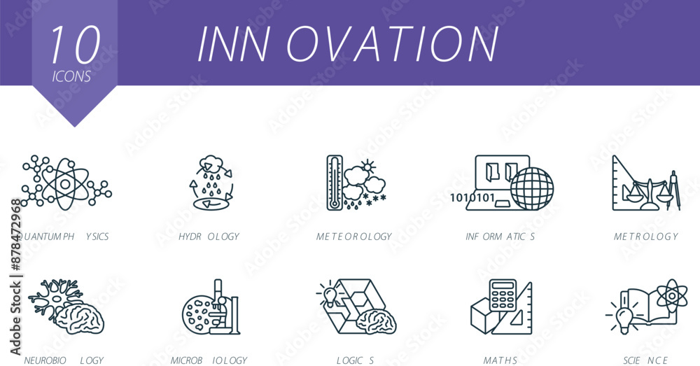 Obraz premium Innovation outline icons set. Creative icons: quantum physics, hydrology, meteorology, informatics, metrology, neurobiology, microbiology, logics, maths, science.