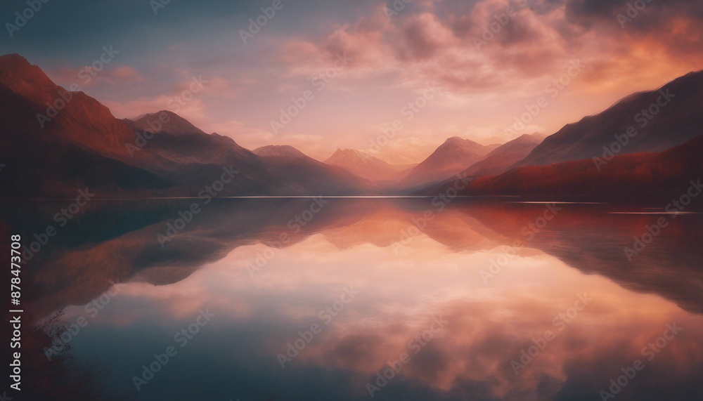 a mirror-bright view of the lake between the mountains, dramatic sunset colors a mirror-bright view of the lake between the mountains, dramatic sunset colors