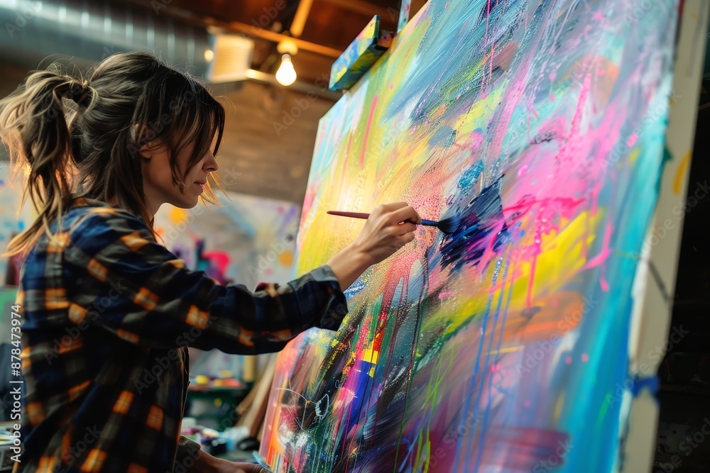 A woman painting on a large canvas with a passionate expression showcasing artistic talent and individuality. A woman painting on a large canvas with a passionate expression showcasing artistic talent and individuality.