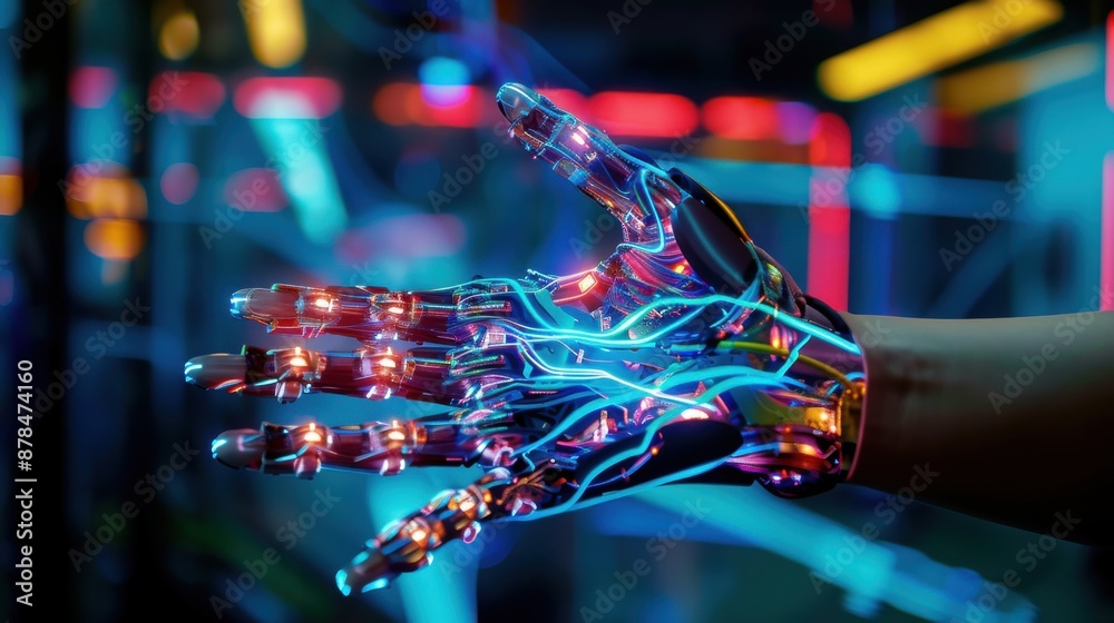 Fototapeta premium Futuristic Robotic Hand, Glowing cybernetic arm, High-tech innovation.
