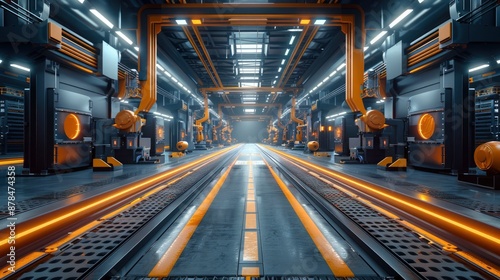 A smart factory with interconnected robotic systems communicating in real-time.