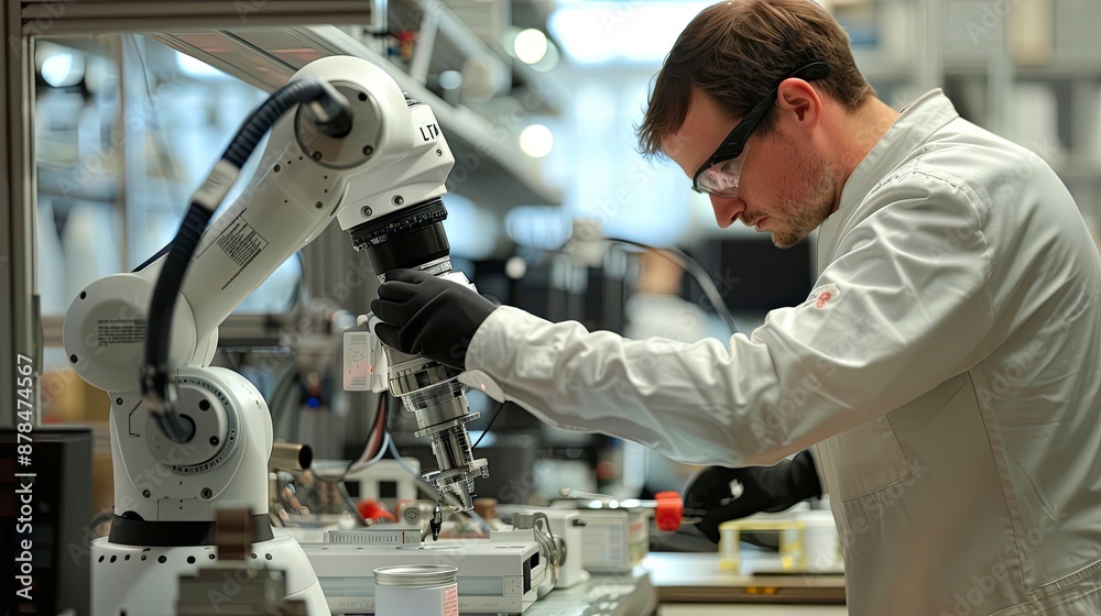 A technician adjusting the settings on a robotic arm for optimal performance. A technician adjusting the settings on a robotic arm for optimal performance.