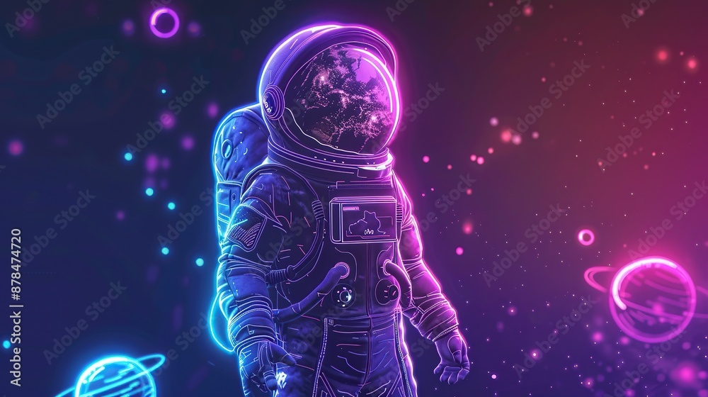 Futuristic astronaut in neon glow, space background. Futuristic astronaut in neon glow, space background.