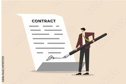 Business agreement, contract, signature on bank loan, mortgage, or government policy paperwork, and business leader's or client's confidence while using a fountain pen to sign documents