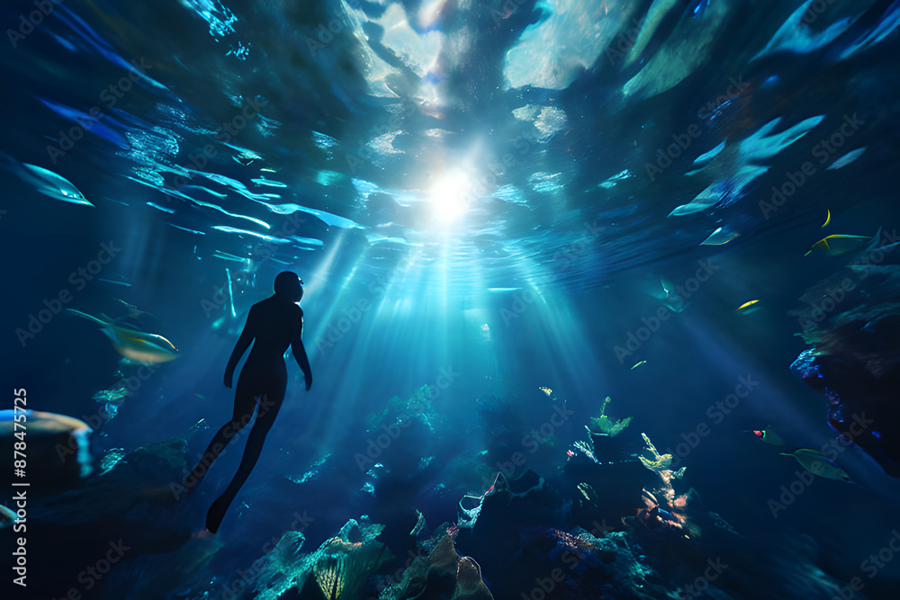 Obraz premium A low-angle perspective reveals an underwater dreamscape. Abstract shapes, reminiscent of thoughts and emotions, float and intertwine. This surreal scene invites exploration of the subconscious mind.