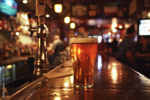 A glass of beer sits on the bar counter in a lively pub, with blurred background patrons and warm lighting