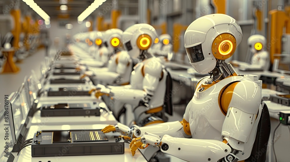 Robots performing high-speed assembly tasks in an electronics manufacturing plant. Robots performing high-speed assembly tasks in an electronics manufacturing plant.