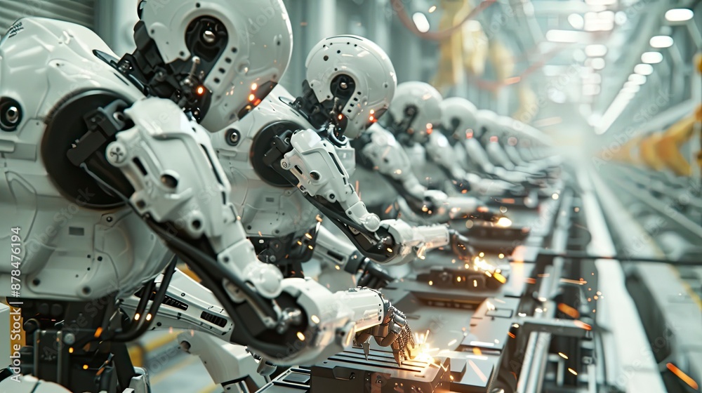Fototapeta premium Robots performing high-speed assembly tasks in an electronics manufacturing plant.