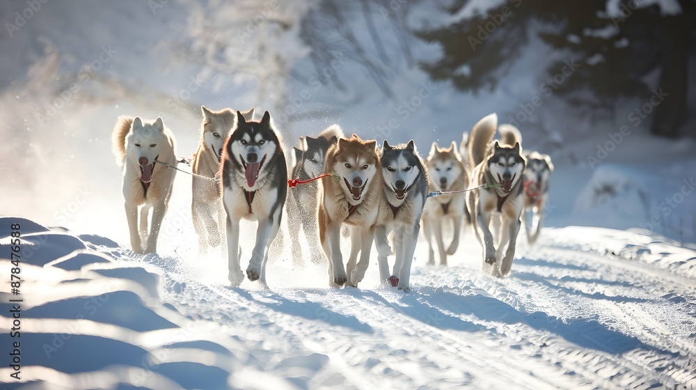 Sled Dog Team Racing through Snowy Arctic Landscape in Extreme Winter Expedition Sled Dog Team Racing through Snowy Arctic Landscape in Extreme Winter Expedition