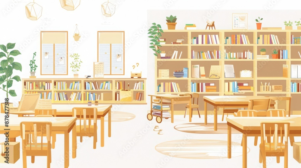 Bright and airy modern library interior with wooden furniture, bookshelves filled with books, and natural light from large windows.