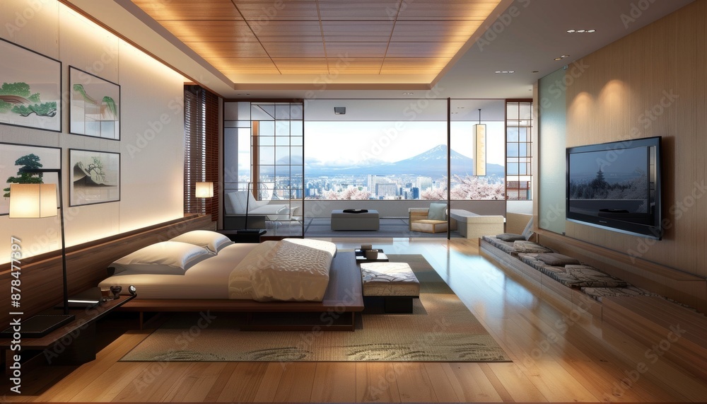 Naklejka premium A modern Japanese bedroom with sleek contemporary