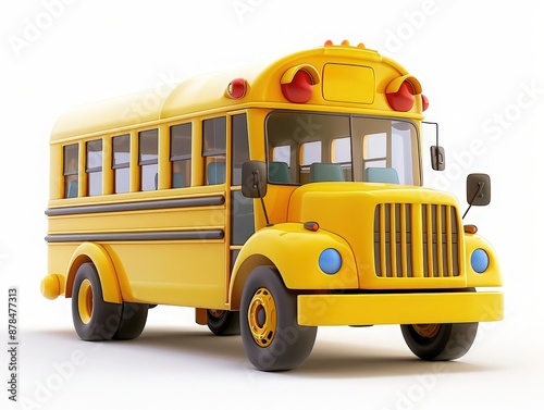 Bright yellow school bus isolated on white background, ready for student transportation. Classic design with rounded edges and clear windows. photo