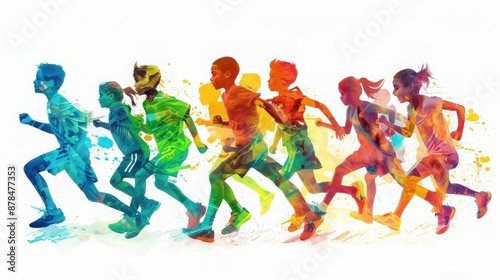 Wallpaper Mural Abstract watercolor illustration of children running. Vibrant colors and dynamic movement make this image lively and energetic. Torontodigital.ca