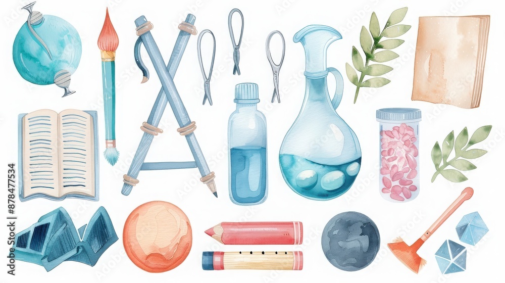 Watercolor illustration of various science and art tools, including ...
