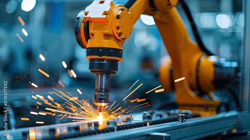 An industrial robot performing high-precision drilling tasks in a factory setting. An industrial robot performing high-precision drilling tasks in a factory setting.