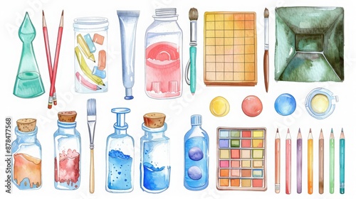 Watercolor illustration of art supplies including paint tubes, brushes, pencils, and various containers on white background.