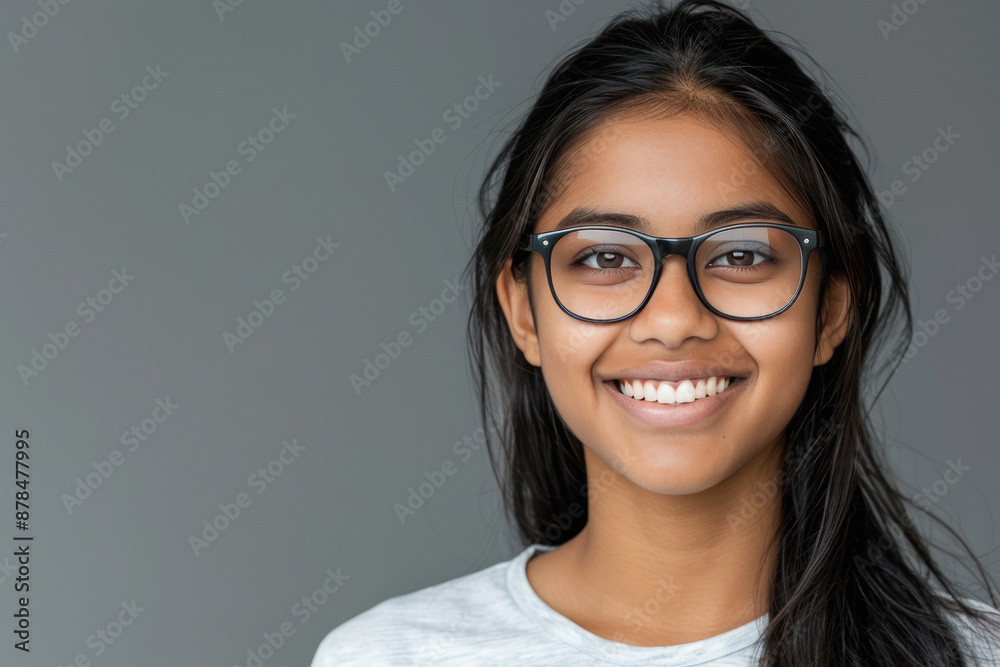 Close-up studio portrait of a smiling young Indian beautiful female student wearing glasses Close-up studio portrait of a smiling young Indian beautiful female student wearing glasses