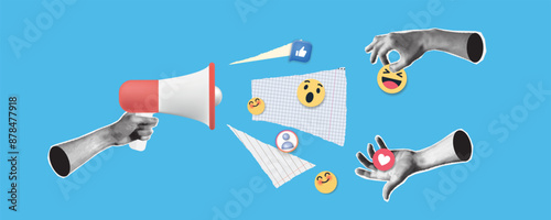 Megaphone with emojis. Halftone loudspeaker, trendy retro collage, vintage megaphone for announcing promotion. Announcement banner of news, sales. Loudspeaker announces