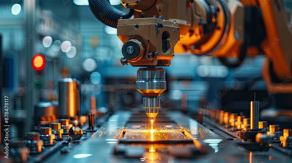 A robotic arm applying adhesive to components in a precise and controlled manner. A robotic arm applying adhesive to components in a precise and controlled manner.