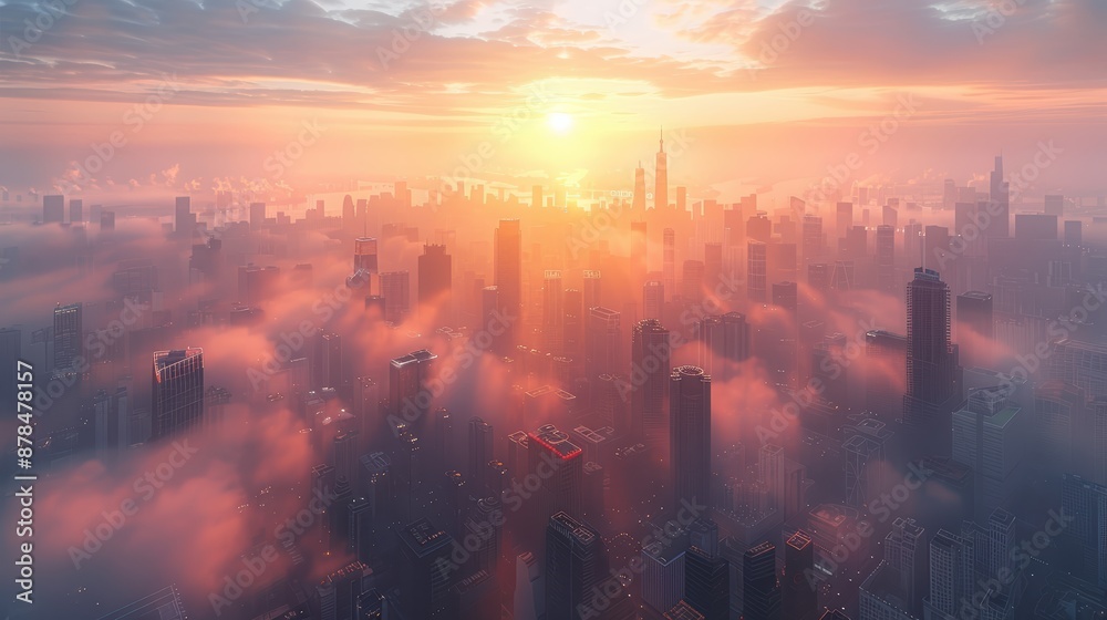 Sun shining over a city skyline covered in fog at sunset Sun shining over a city skyline covered in fog at sunset