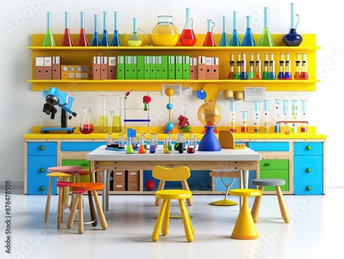 Colorful classroom science lab with vibrant furniture, beakers, and shelves filled with educational materials and laboratory equipment. photo
