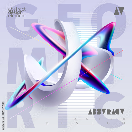 Fluid 3D geometric shape for poster design. Liquid abstract form and colorful lines in glass morphism style. Vector banner template design.