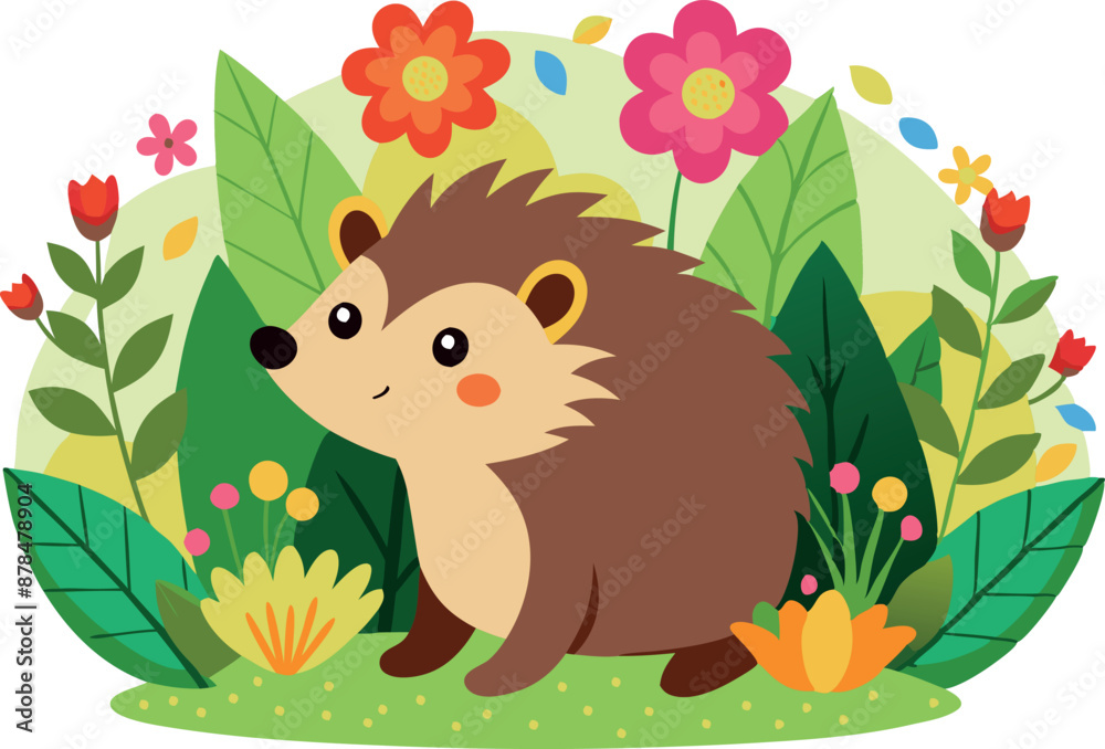 Cute hedgehog with flowers and leaves in a colorful garden illustration Cute hedgehog with flowers and leaves in a colorful garden illustration