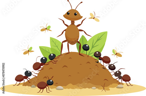 Illustration of ants working together around their ant hill with a leader ant standing on top