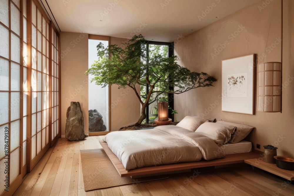 Fototapeta premium Tranquil Japandi Bedroom Blending Japanese and Scandinavian Design with Natural Elements