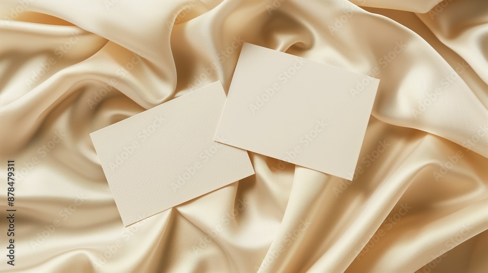 Two blank business cards on beige silk fabric, mockup design template. Two blank business cards on beige silk fabric, mockup design template.