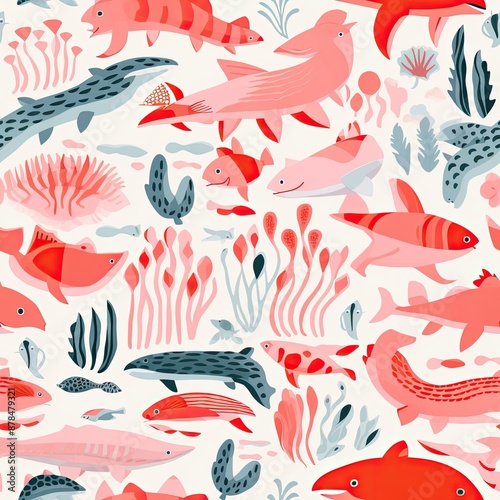 Vibrant Underwater Pattern with Fish and Coral.