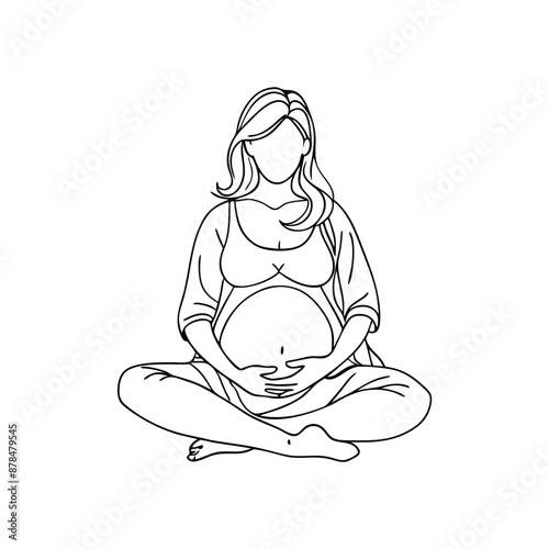 a pregnant woman sitting cross legged, line art vector illustration