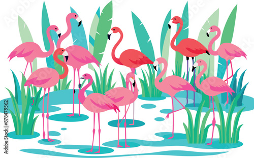 Colorful illustration of flamingos in a tropical wetland habitat