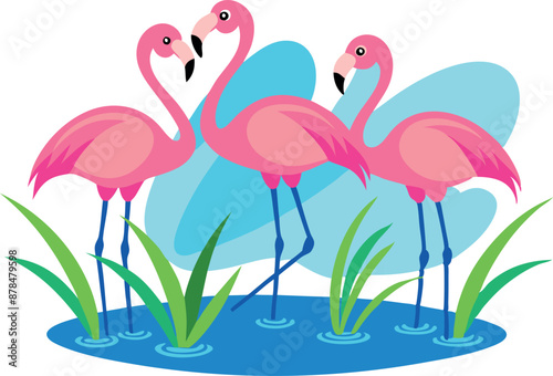 Illustration of three pink flamingos standing in water with abstract blue shapes in the background