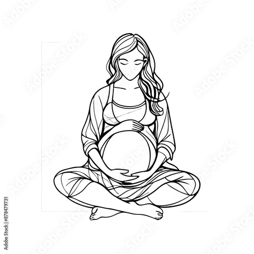 a pregnant woman sitting cross legged, line art vector illustration