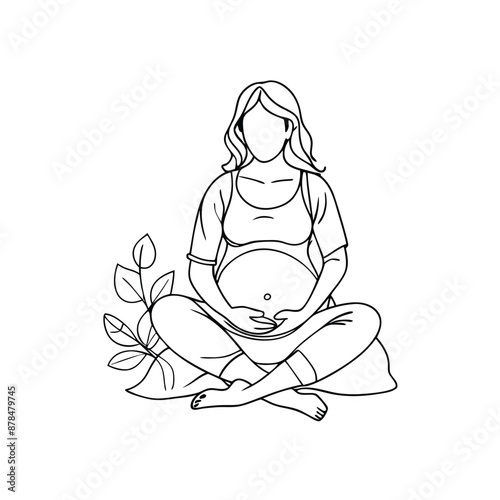 a pregnant woman sitting cross legged, line art vector illustration