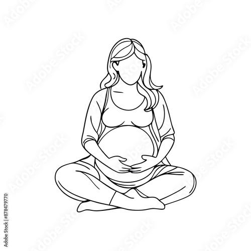 a pregnant woman sitting cross legged, line art vector illustration